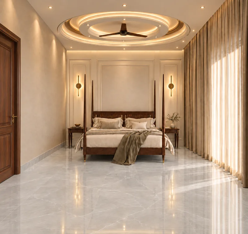 Bedroom with a wooden four-poster bed beneath a round cove-lit false ceiling with a fan, panelled walls and sheer curtains