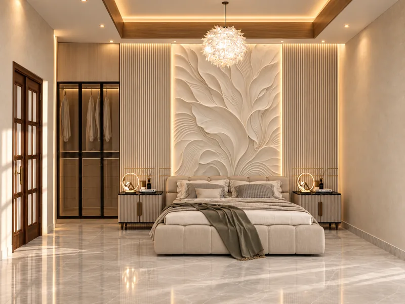 Bedroom with a sculpted white leaf-pattern feature wall behind an upholstered bed, fluted wall panels, a pendant light and a glass-shutter wardrobe