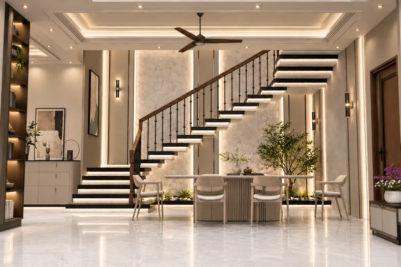 Floating cantilevered staircase with a black railing beside a dining table with chairs, indoor plants and a cove-lit ceiling with a fan