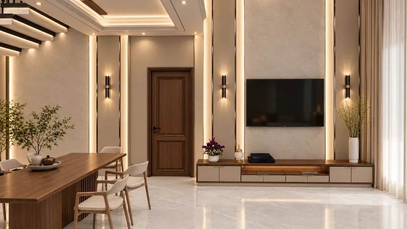 Living and dining room with a wall-mounted TV above a long low TV unit, wall sconces, a wooden dining table and chairs