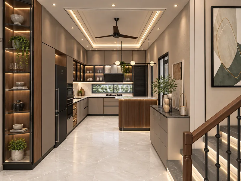 Modular kitchen with a central island, tall dark storage units, lit glass-fronted display shelving and a cove-lit false ceiling