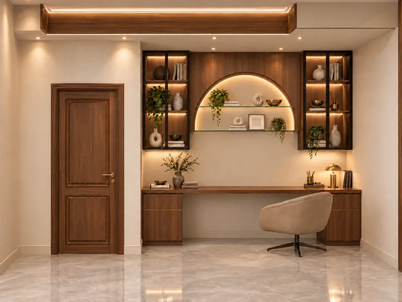 Study with a long wooden desk, lit arched display niche and open shelves, a cream swivel chair and a panelled wooden door