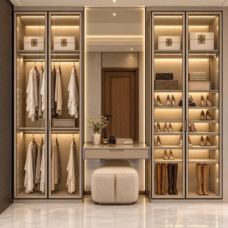 Walk-in wardrobe with illuminated glass-shutter units for hanging clothes and shoes, a central dresser with mirror and an upholstered stool